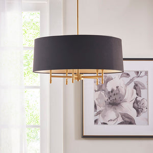 English Elm Presidio Black Drum Shade Chandelier with Tilted Fabric Shade, Plated Brass Frame, 62.5" Drop B03595694
