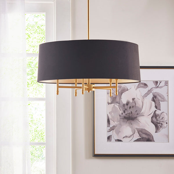 English Elm Presidio Black Drum Shade Chandelier with Tilted Fabric Shade, Plated Brass Frame, 62.5" Drop B03595694