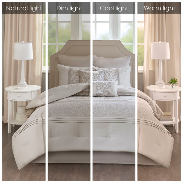 English Elm Embroidered 8-Piece Comforter Set For Cal King - Luxurious Neutral Tones With Quilted Elegance B03594911