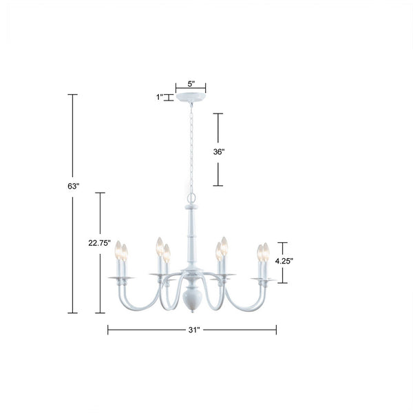 English Elm 8-Light Amelia Traditional Metal Chandelier, Glossy White 31" Dia Candle-Style, Dimmable Elegance B03599395