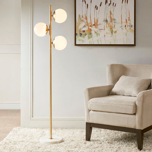 English Elm 3-Globe Holloway Floor Lamp with Marble Base, Gold Metal & White Glass Shades, Modern 62" Accent Light B03599272