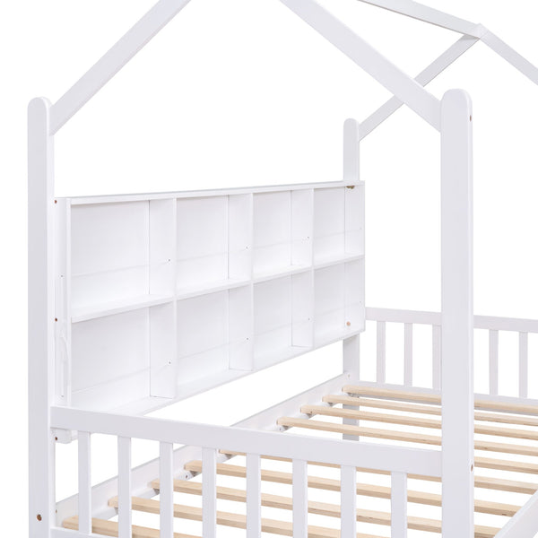 English Elm Wooden Twin House Bed with Roof & 2 Drawers, Storage Shelf, Pine Frame, Contemporary White Finish WF301456AAK