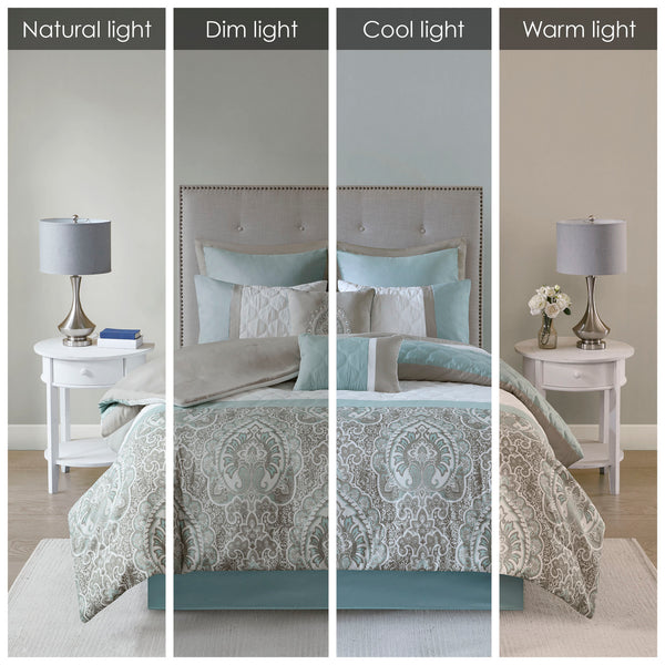 English Elm Cal King Shawnee 8-Piece Comforter Set Seafoam Brown Diamond Quilted Microfiber Hypoallergenic Luxe 92"x104" B03594914