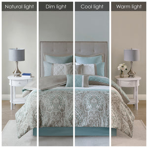 English Elm Queen Shawnee 8-Piece Comforter Set - Seafoam & Brown Damask, Diamond Quilting, Hypoallergenic Luxury B03594912