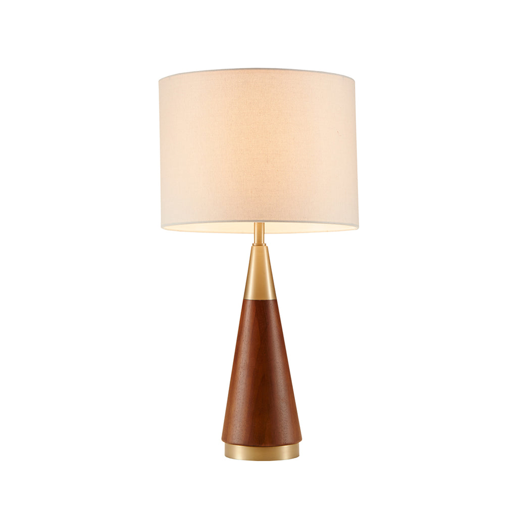 English Elm Triangular Table Lamp with Pecan Wood & Antique Brass Accents, White Linen Shade for Mid-Century Style B03596573