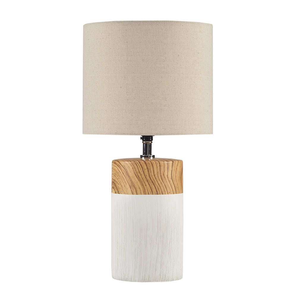 English Elm Textured Ceramic Table Lamp Nicolo – Two-Tone White & Brown Woodgrain Base, Drum Shade, Warm Ambient Light B03594979