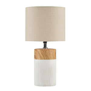 English Elm Textured Ceramic Table Lamp Nicolo – Two-Tone White & Brown Woodgrain Base, Drum Shade, Warm Ambient Light B03594979
