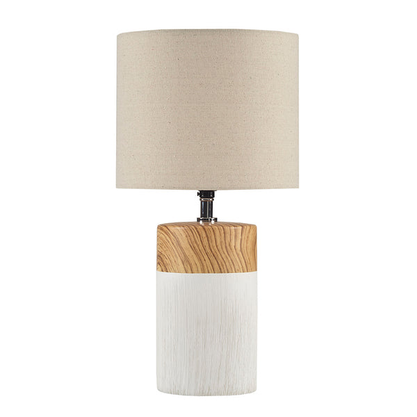 English Elm Textured Ceramic Table Lamp Nicolo – Two-Tone White & Brown Woodgrain Base, Drum Shade, Warm Ambient Light B03594979