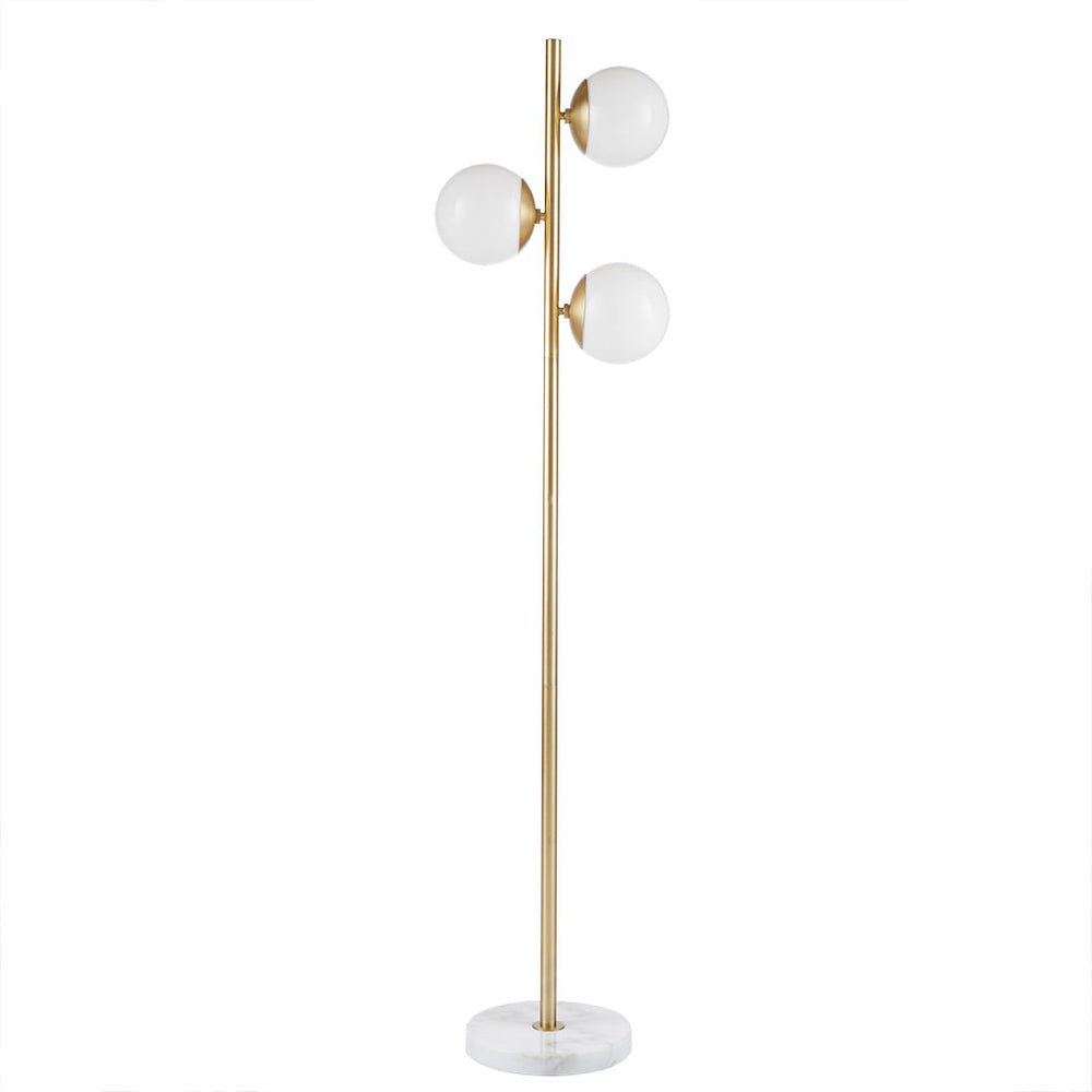 English Elm 3-Globe Holloway Floor Lamp with Marble Base, Gold Metal & White Glass Shades, Modern 62" Accent Light B03599272