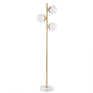 English Elm 3-Globe Holloway Floor Lamp with Marble Base, Gold Metal & White Glass Shades, Modern 62" Accent Light B03599272