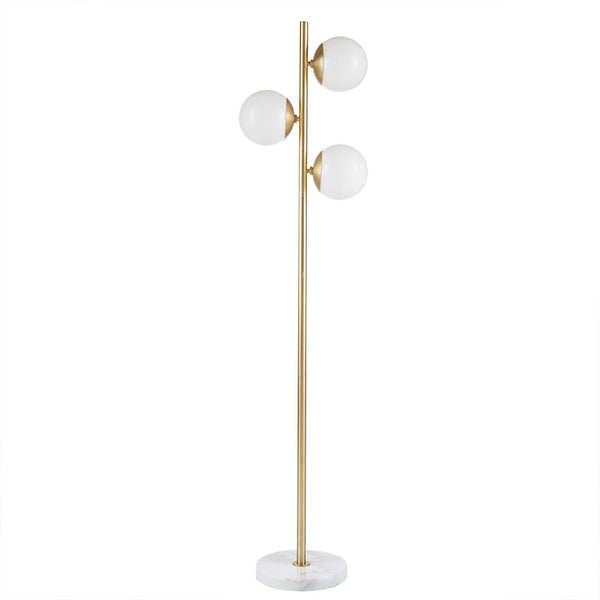 English Elm 3-Globe Holloway Floor Lamp with Marble Base, Gold Metal & White Glass Shades, Modern 62" Accent Light B03599272