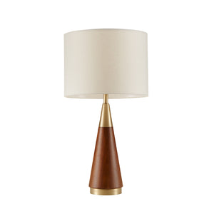 English Elm Triangular Table Lamp with Pecan Wood & Antique Brass Accents, White Linen Shade for Mid-Century Style B03596573