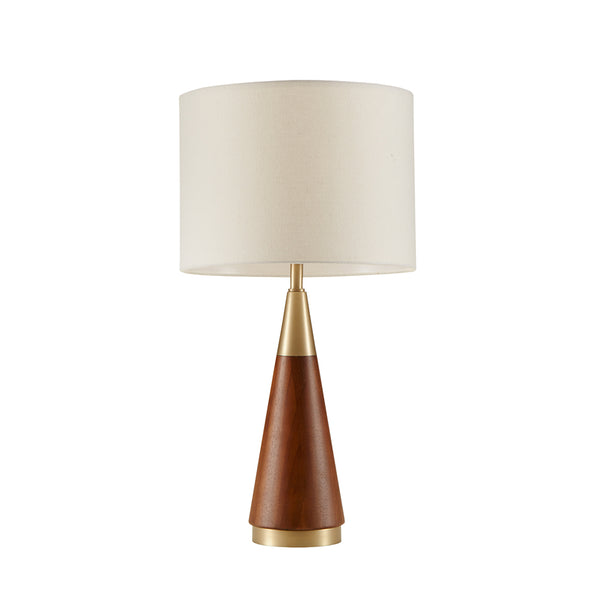 English Elm Triangular Table Lamp with Pecan Wood & Antique Brass Accents, White Linen Shade for Mid-Century Style B03596573