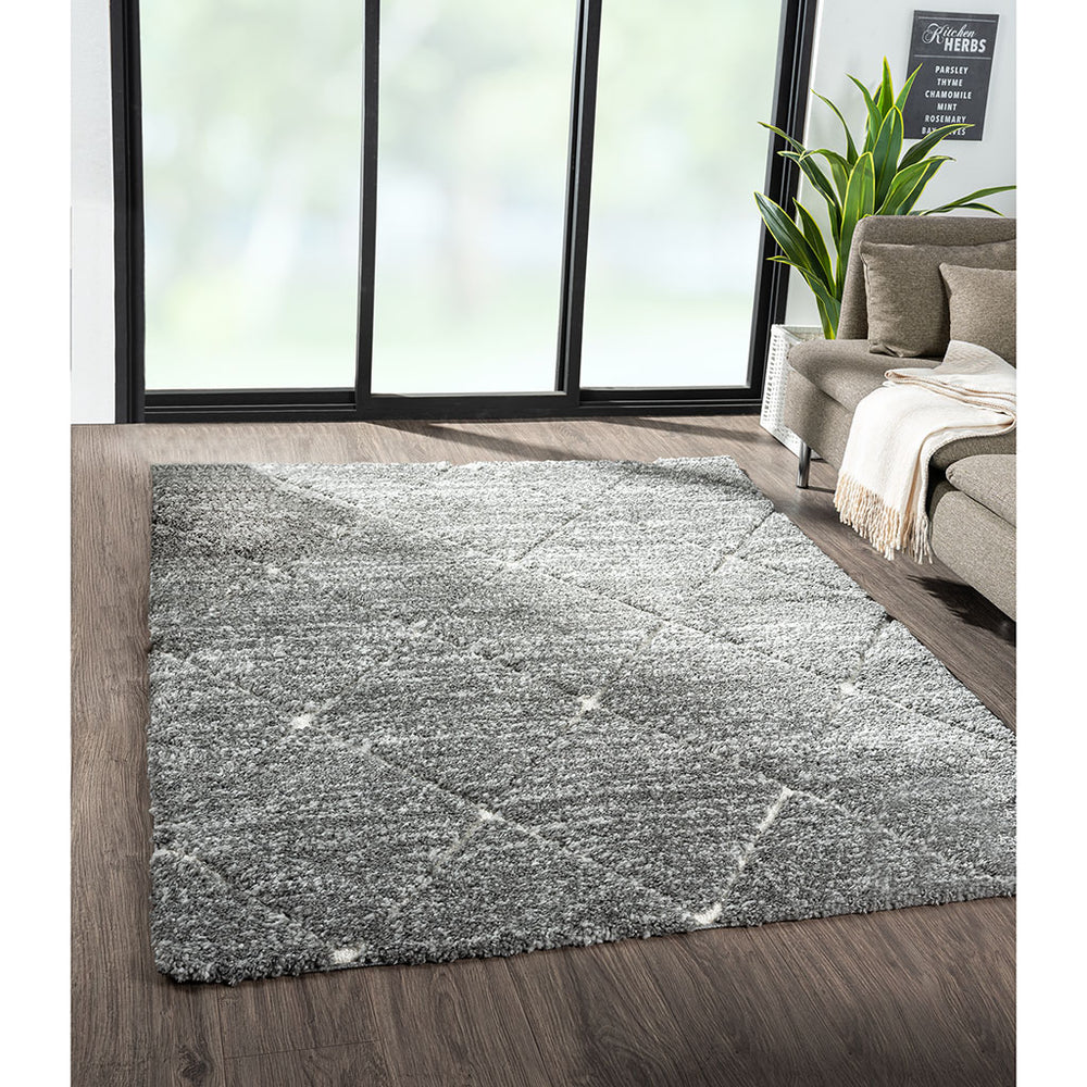 English Elm Talas Plush Shag Area Rug 8x10 in Grey Cream Diamond Trellis — Soft, Non-Slip, Stain & Fade Resistant B03597992