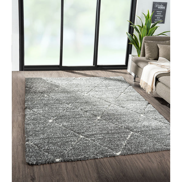 English Elm Talas Plush Shag Area Rug 8x10 in Grey Cream Diamond Trellis — Soft, Non-Slip, Stain & Fade Resistant B03597992