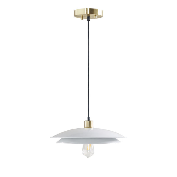 English Elm 2-Tier Layered Shade Pendant Matte White & Gold Mid-Century Modern Dining Light Fixture, 15" Dia B03596563