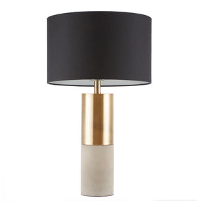 English Elm Concrete Fulton Table Lamp with Plated Brass Spiral Base and Gold Fabric Drum Shade, 27.5" tall B03599270