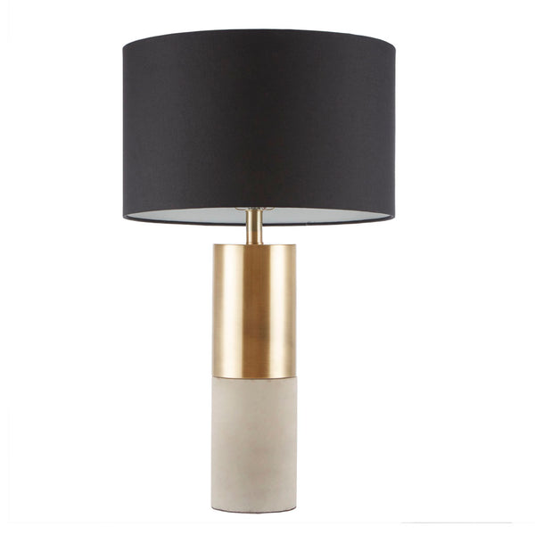 English Elm Concrete Fulton Table Lamp with Plated Brass Spiral Base and Gold Fabric Drum Shade, 27.5" tall B03599270