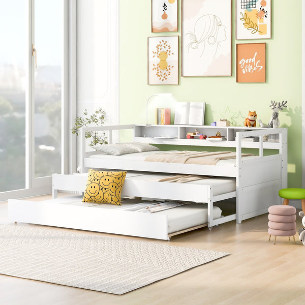 English Elm Twin XL Wood Daybed with Two Trundles, Built-In 3 Cubbies, Integrated Light and USB Charging Hub for Guests and Sleepovers White GX000544AAK