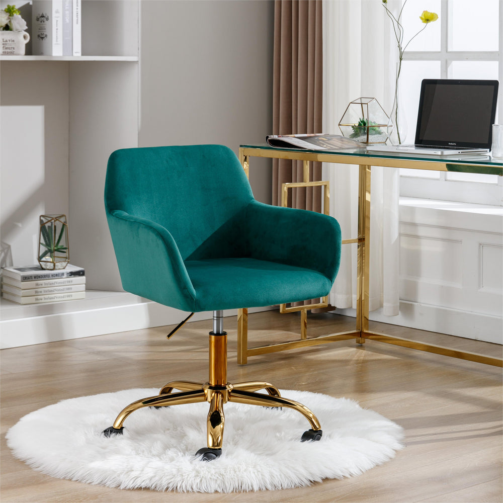 English Elm HengMing Dark Green Faux Fur Swivel Desk Chair — Plush Velvet High-Back, Adjustable Height & Wheels W21283036