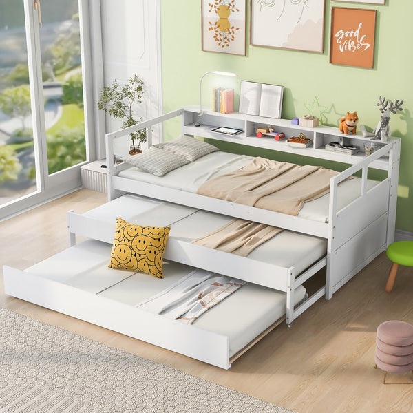 English Elm Twin XL Wood Daybed with Two Trundles, Built-In 3 Cubbies, Integrated Light and USB Charging Hub for Guests and Sleepovers White GX000544AAK