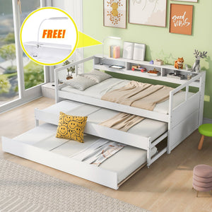 English Elm Twin XL Wood Daybed with Two Trundles, Built-In 3 Cubbies, Integrated Light and USB Charging Hub for Guests and Sleepovers White GX000544AAK