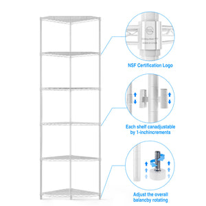 English Elm 6 Tier Shelf Corner Rack - Adjustable Metal Wire Storage Solution For Home & Retail Spaces, White W155083052