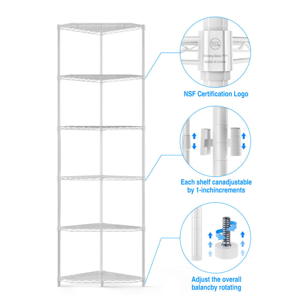 English Elm 6 Tier Shelf Corner Rack - Adjustable Metal Wire Storage Solution For Home & Retail Spaces, White W155083052