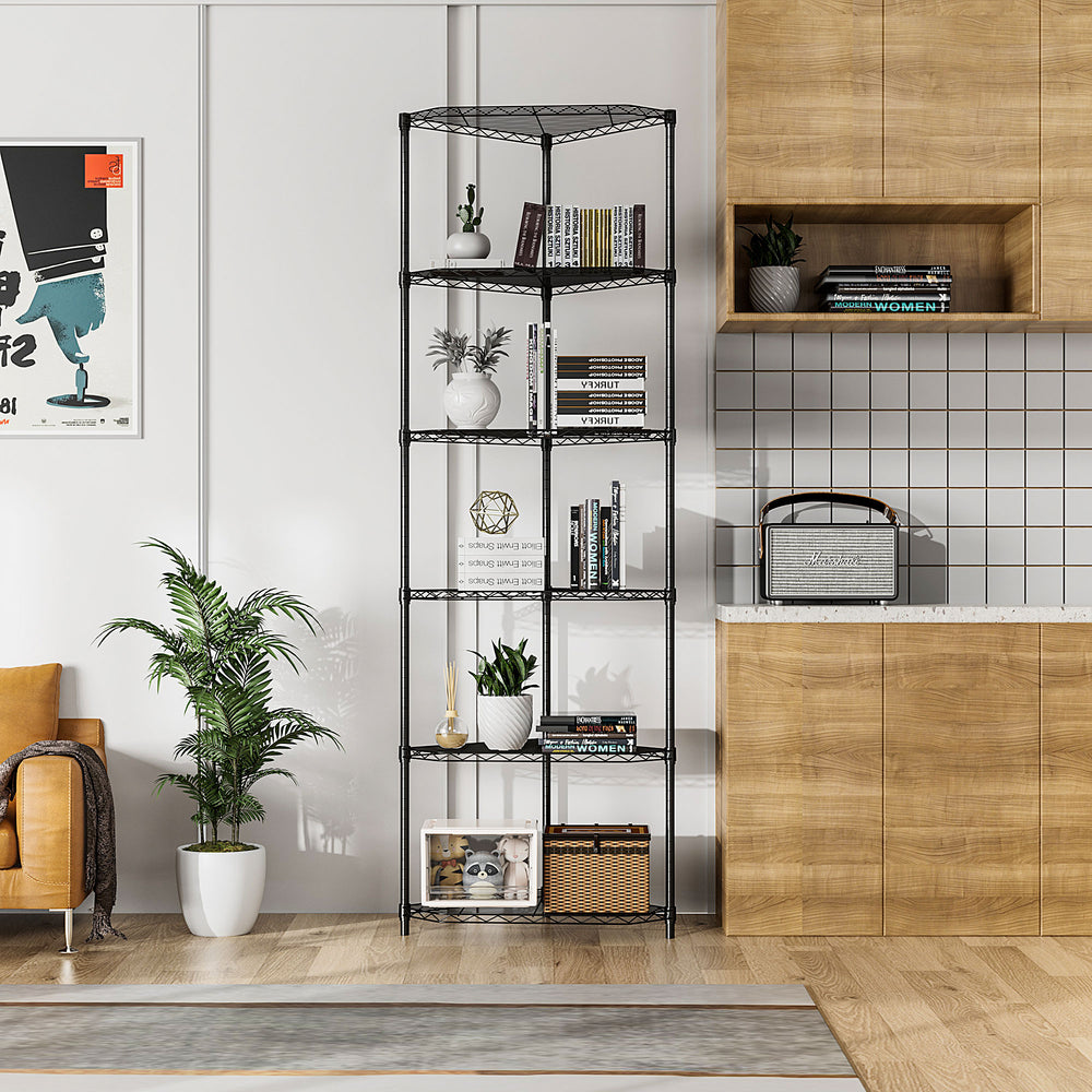 English Elm 6 Tier Corner Shelf Rack - Adjustable Pentagonal Shelves For Heavy-Duty Storage In Black Chrome Finish W155083050