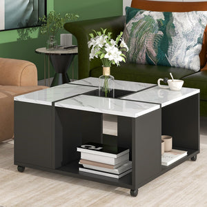 English Elm Modern 2-Layer Coffee Table With Casters, Square Cocktail Table With Removable Tray, Uv High-Gloss Marble Design Center Table For Living Room, 31.4''X 31.4''