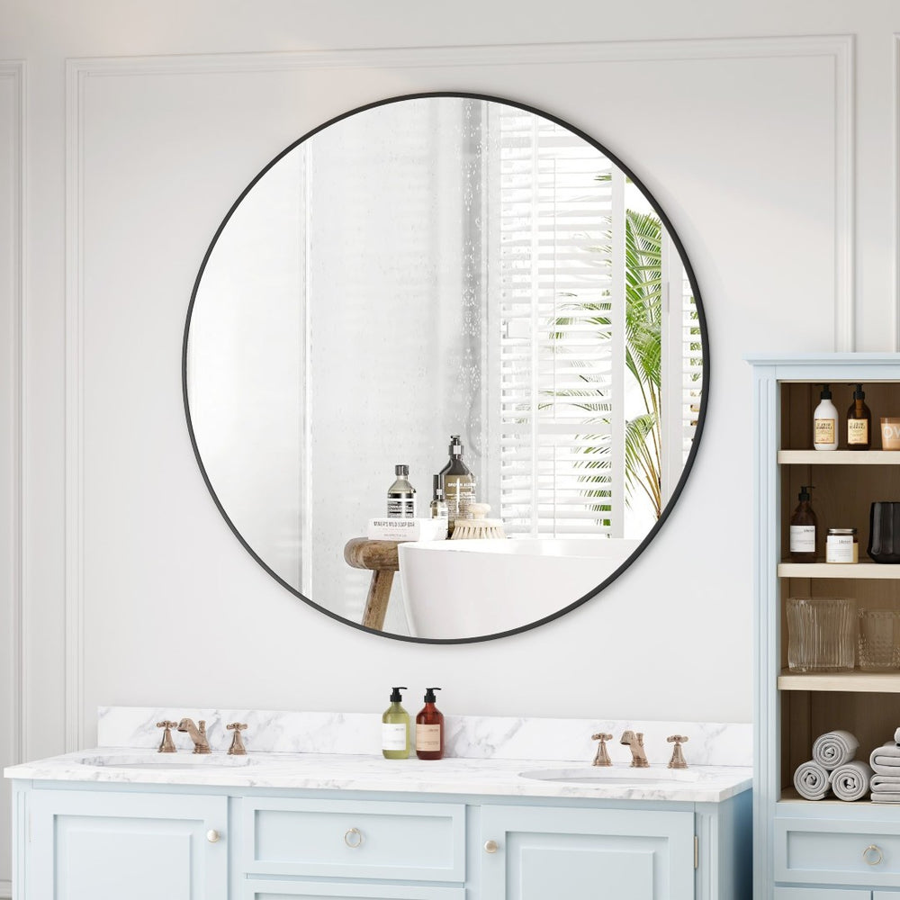 English Elm Wall Round Mirror 42 Inch Matte Black Metal Frame Bathroom Bedroom Living Room Decor W143570513