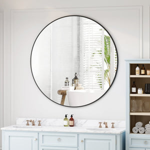 English Elm Wall Round Mirror 42 Inch Matte Black Metal Frame Bathroom Bedroom Living Room Decor W143570513