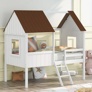 English Elm Twin Playhouse Cabin Loft Bed Solid Pine Frame with Guardrails for Kids Bedroom WF300984AAD