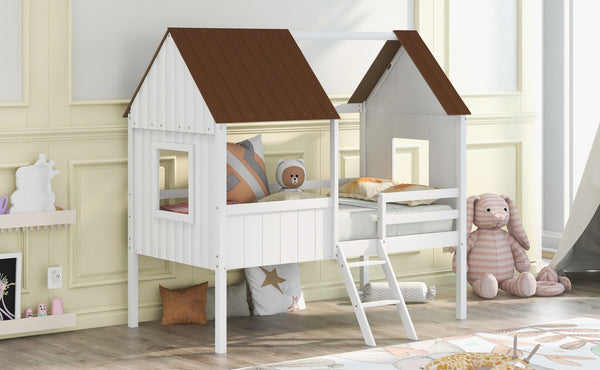 English Elm Twin Playhouse Cabin Loft Bed Solid Pine Frame with Guardrails for Kids Bedroom WF300984AAD
