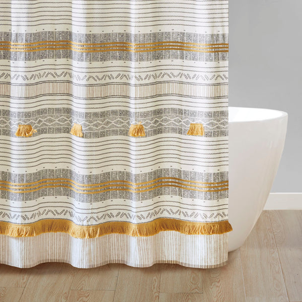 English Elm Cotton INK+IVY Cody Stripe Shower Curtain 72x72 with Tassel Pom Trim, OEKO‑TEX Cotton, Machine Washable B03596665