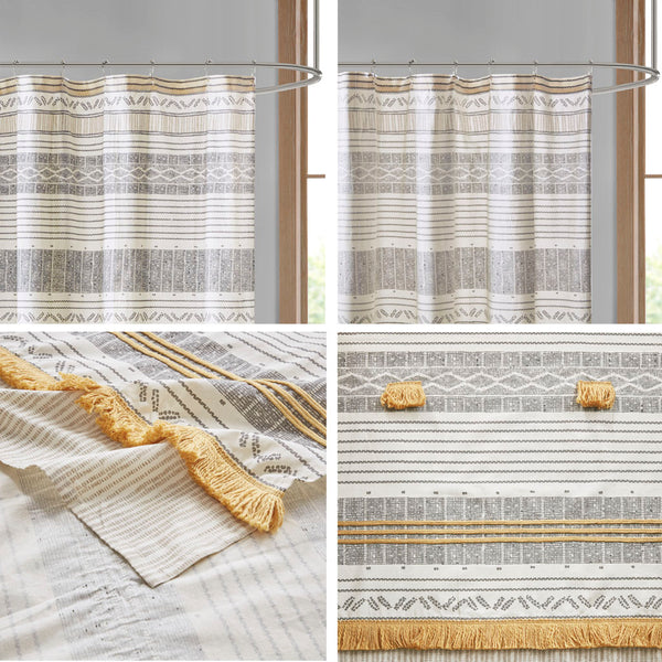 English Elm Cotton INK+IVY Cody Stripe Shower Curtain 72x72 with Tassel Pom Trim, OEKO‑TEX Cotton, Machine Washable B03596665