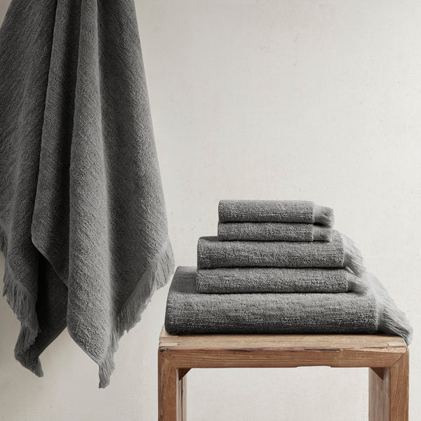 English Elm Cotton INK+IVY Nova Dobby Slub 6-Piece Towel Set – 100% Terry Cotton 630gsm, Plush Absorbent, Self-Fringe Texture B03596683