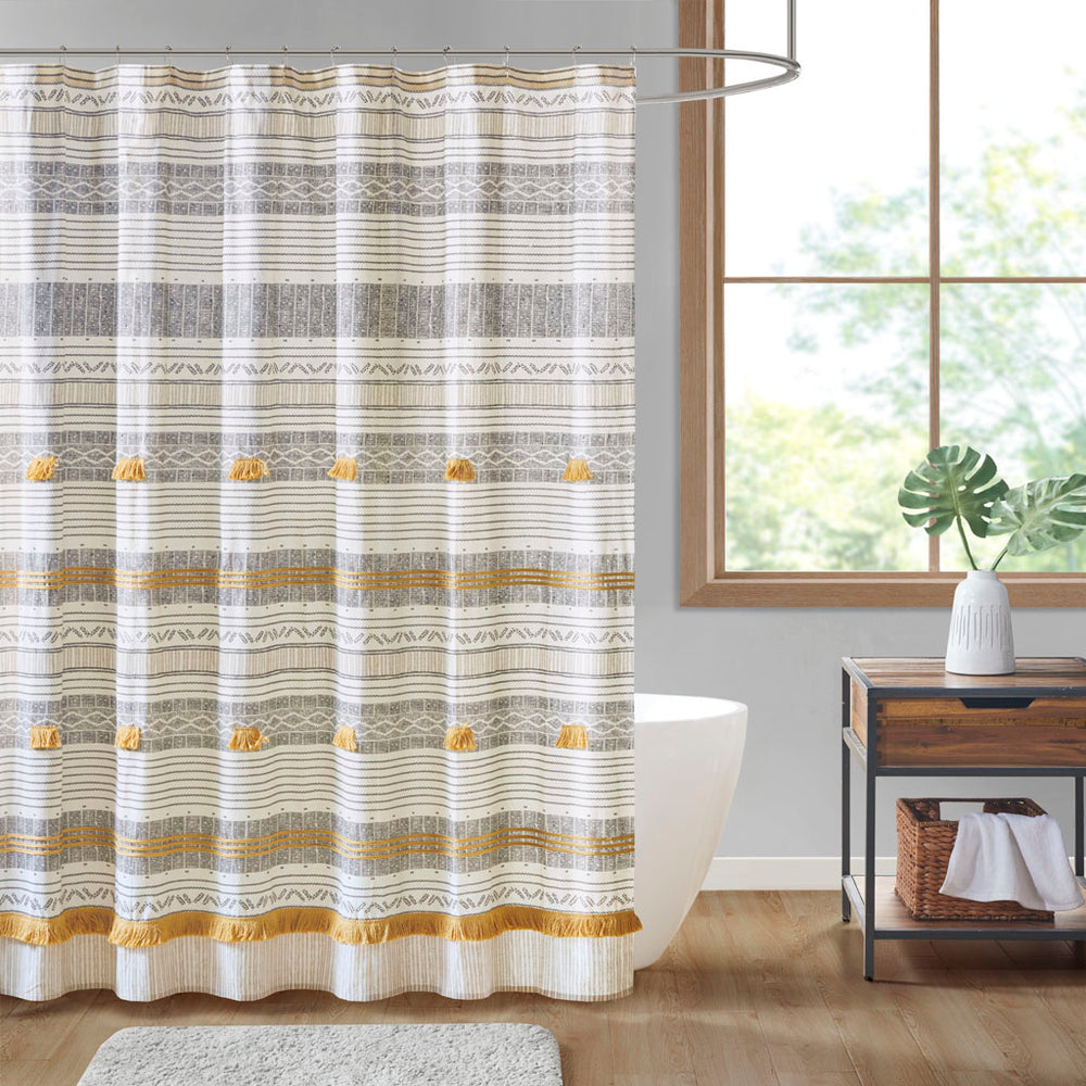 English Elm Cotton INK+IVY Cody Stripe Shower Curtain 72x72 with Tassel Pom Trim, OEKO‑TEX Cotton, Machine Washable B03596665