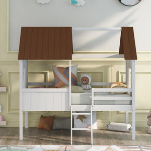 English Elm Twin Playhouse Cabin Loft Bed Solid Pine Frame with Guardrails for Kids Bedroom WF300984AAD