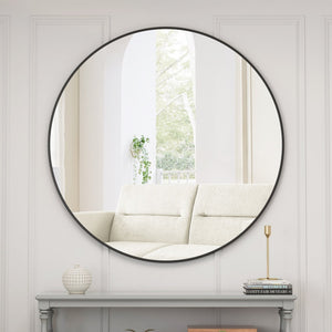 English Elm Wall Round Mirror Matte Metal Frame 39 Inch Minimalist Decor for Bathroom or Bedroom Black W143570510