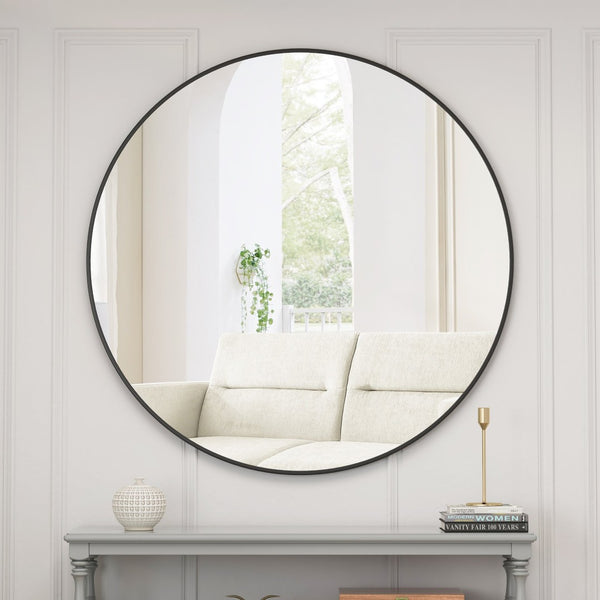 English Elm Wall Round Mirror Matte Metal Frame 39 Inch Minimalist Decor for Bathroom or Bedroom Black W143570510