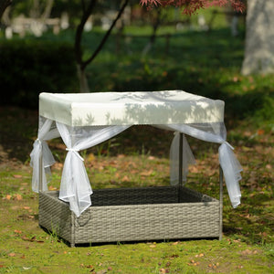 English Elm Dog Patio Bed with Pe Wicker Frame Mesh Curtain and Washable Cushion for Outdoor Use W170390117