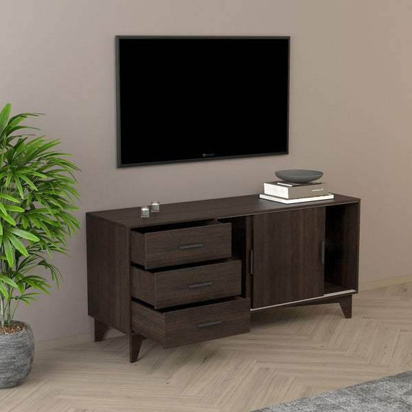 English Elm Parker Dark Brown TV Stand with Sliding Doors & Drawers, Scratch‑Resistant Melamine, Eco E0 Board B040S00042