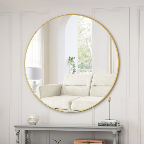 English Elm Wall Round Mirror Matte Metal Frame 39 Inch Minimalist Decor for Bathroom or Bedroom Gold W143570512
