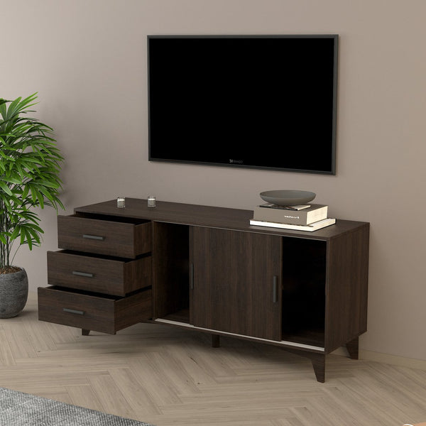 English Elm Parker Dark Brown TV Stand with Sliding Doors & Drawers, Scratch‑Resistant Melamine, Eco E0 Board B040S00042