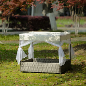 English Elm Dog Patio Bed with Pe Wicker Frame Mesh Curtain and Washable Cushion for Outdoor Use W170390117