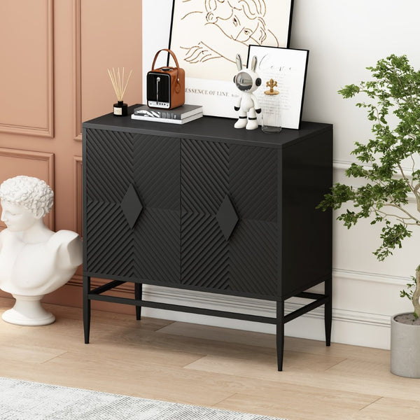 English Elm 31.50" Fluted Two Door Black Cabinet with Metal Legs for Entryway or Living Room W1435P206312