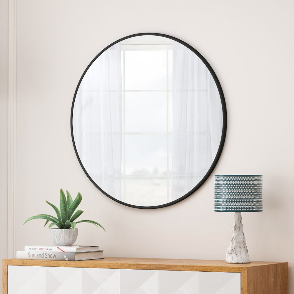 English Elm Wall Mirror 48 Inch Round Matte Metal Frame Oversized Decor for Bathroom Living Room Black W1435107724