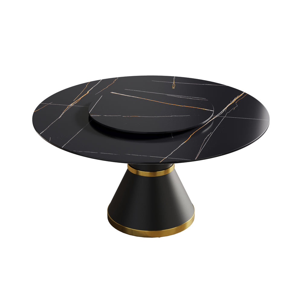 English Elm 59.05"Modern 59.05" Modern Round Dining Table With Black Carbon Steel Base & 31.5" Rotating Turntable For 6 W1535S00350