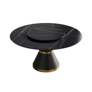 English Elm 59.05"Modern 59.05" Modern Round Dining Table With Black Carbon Steel Base & 31.5" Rotating Turntable For 6 W1535S00350